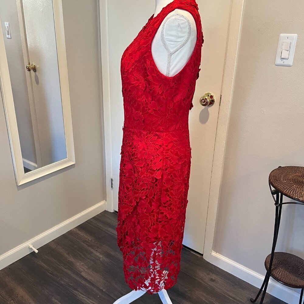 Betsy & Adam Red Crochet Lace Tulip Illusion Hem Cocktail Dress, Size 12 - Picture 7 of 16